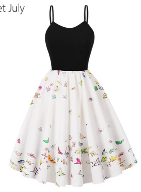 原创优雅气质无袖吊带碎花连衣裙女夏拼接收腰大摆中长款印花裙子