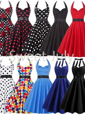 赫本风复古港风女神90年代感波点格子挂脖露背大摆舞蹈表演连衣裙