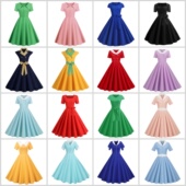 女港风复古短袖 纯色连衣裙翻领舞台表演出年会派对舞蹈中长大摆裙