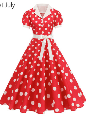 港风年代感复古波点连衣裙泡泡袖大摆垂感舞蹈演出服装收腰夏派对