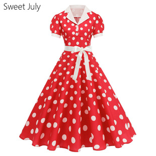港风年代感复古波点连衣裙泡泡袖 收腰夏派对 大摆垂感舞蹈演出服装