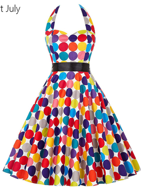赫本复古港风年代少女感挂脖彩色波点收腰显瘦表演出舞蹈连衣裙夏