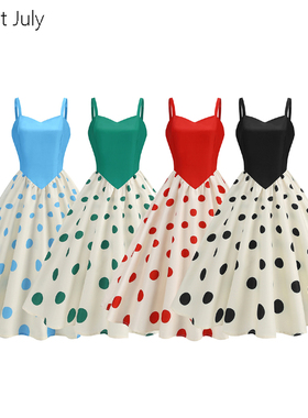 原创拼接波点吊带连衣裙复古港风年代感气质大摆舞蹈表演出服女团