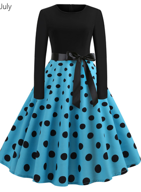 原创春秋季长袖波点拼接系带复古赫本风显瘦大码演出派对连衣裙子