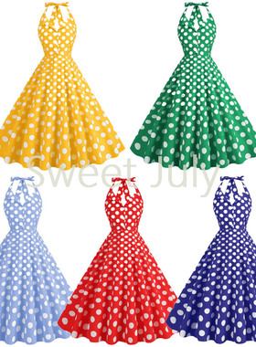 原创少女现代舞蹈伴舞开场表演出服女港风波点挂脖连衣裙子大摆夏