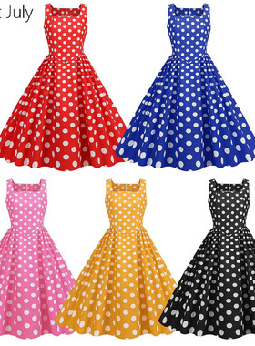 原创无袖波点背心裙子收腰大摆垂感中长复古港风表演出服连衣裙夏