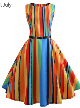 欧美气质美式无袖圆领背心大摆裙子中长款显瘦女夏复古条纹连衣裙