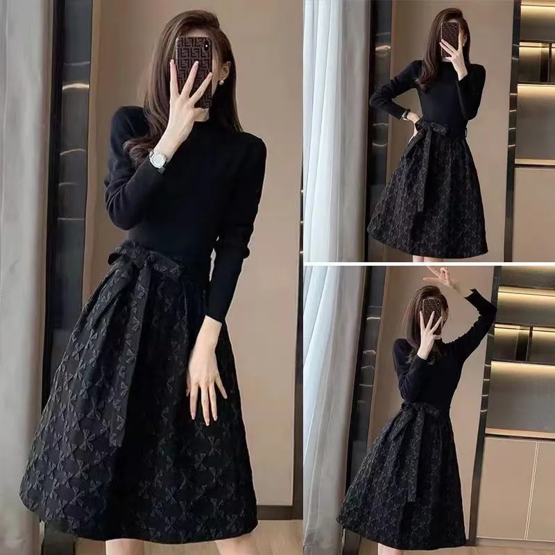 赫本风黑色长袖连衣裙女2025秋季中长款时尚收腰显瘦a字蓬蓬裙子