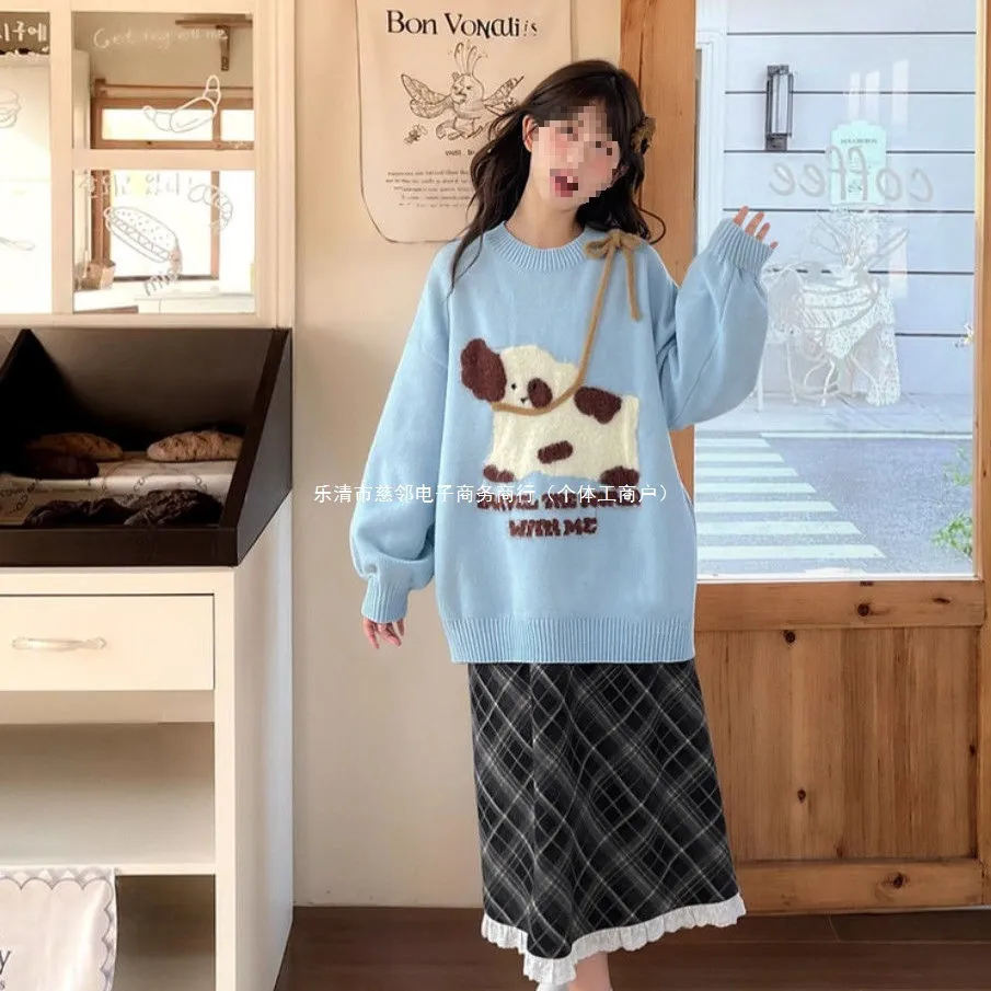 甜美风可爱小猫设计感套头针织衫女秋季新款宽松上衣冰丝肩带款