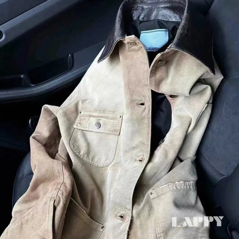 LAPPY 24ss 山羊皮拼皮领工装夹克oversize男女同款废土工业风