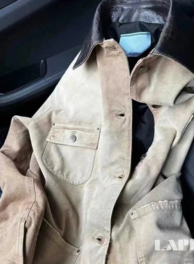 LAPPY 24ss 山羊皮拼皮领工装夹克oversize男女同款废土工业风