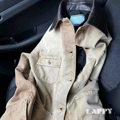 LAPPY 24ss 山羊皮拼皮领工装夹克oversize男女同款废土工业风