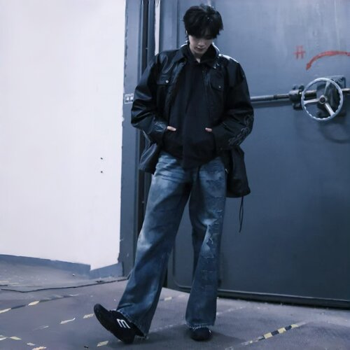 Lappy巴黎做旧字母绣花牛仔裤