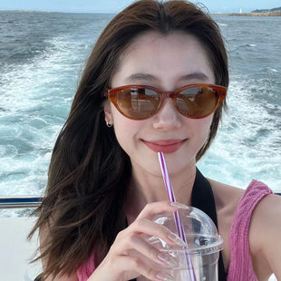 韩范个性猫眼墨镜美拉德风复古黄棕色太阳镜护目俏皮质感街拍眼镜