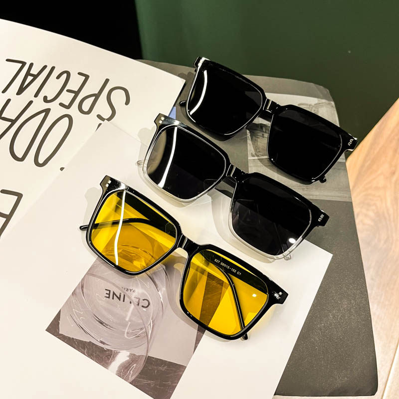 TR90方形拼色框墨镜男配近视女简单大气开车偏光太阳眼镜夜视黄色