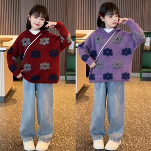 女童新款韩系休闲毛衣初中生女孩洋气加绒时尚毛衣烫钻牛仔裤套装