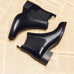 2026秋冬中跟短靴女真皮粗跟切尔西靴尖头平底英伦马丁靴春秋单靴