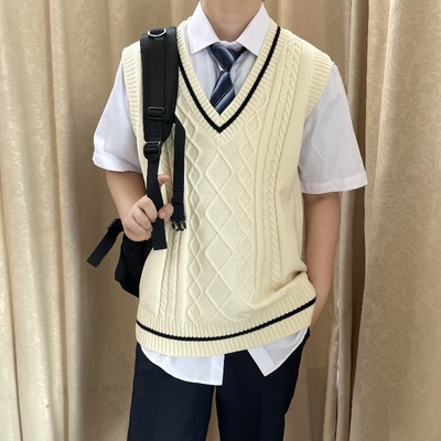 上野自制米色V领针织背心马甲