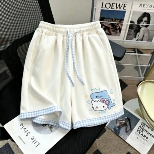 鲨鱼印图可爱拼接格子短裤女甜美休闲夏季新款百搭宽松阔腿裤女童
