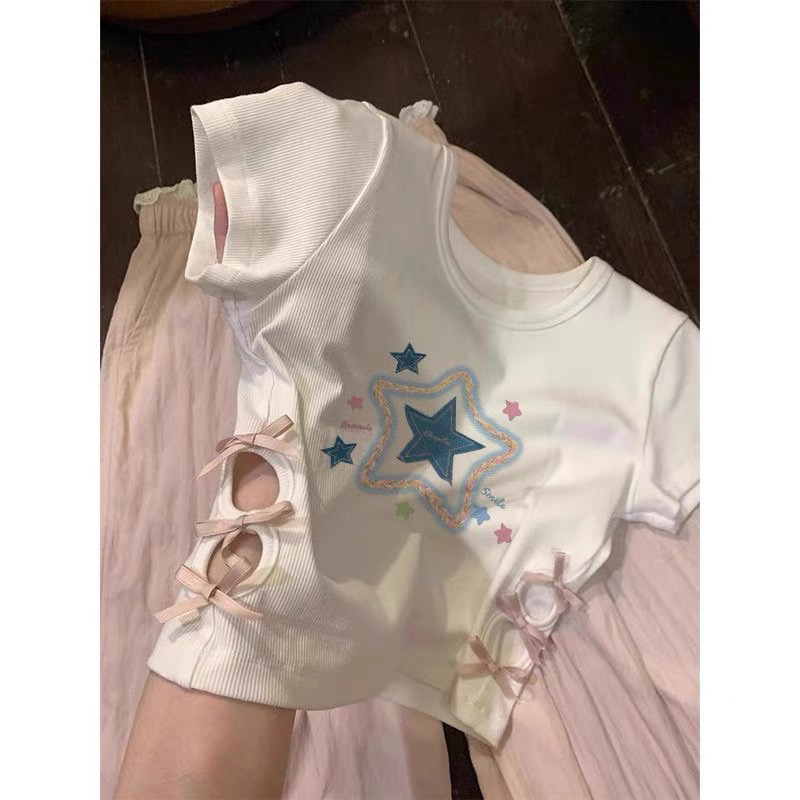 女童潮流时尚蝴蝶结短袖t恤女2025夏季新款法式修身显瘦短款小衫