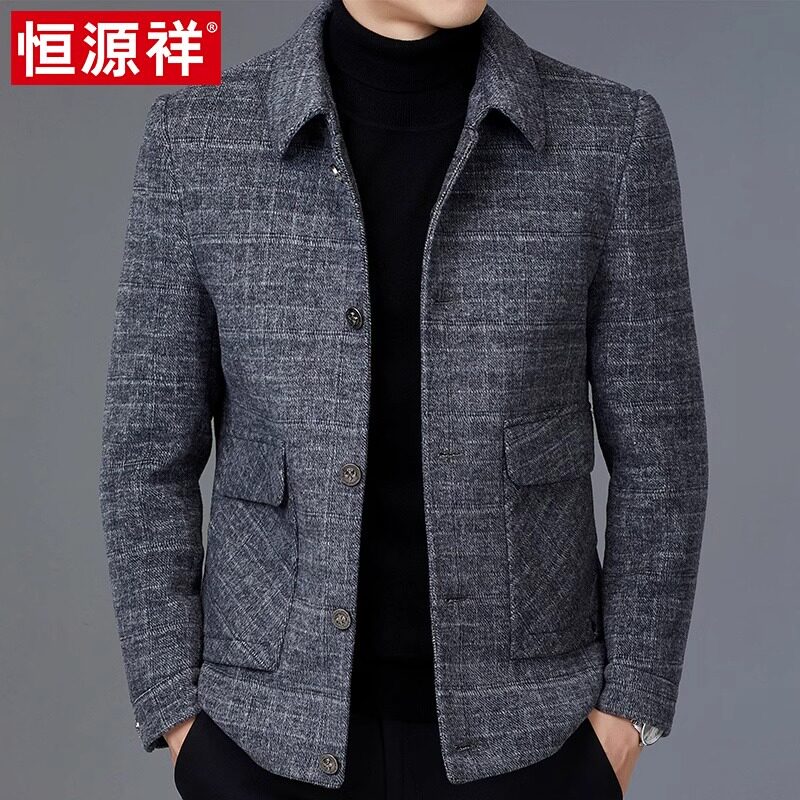 恒源祥双面羊毛大衣男士短款春秋季呢子外套中年爸爸薄款毛呢西服
