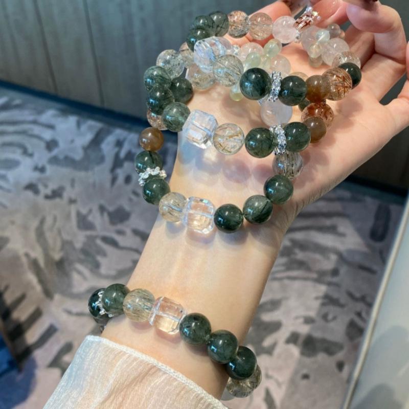 【买一赠一】天然绿发晶黑金超白幽灵白水晶方糖手串葡萄石招财转