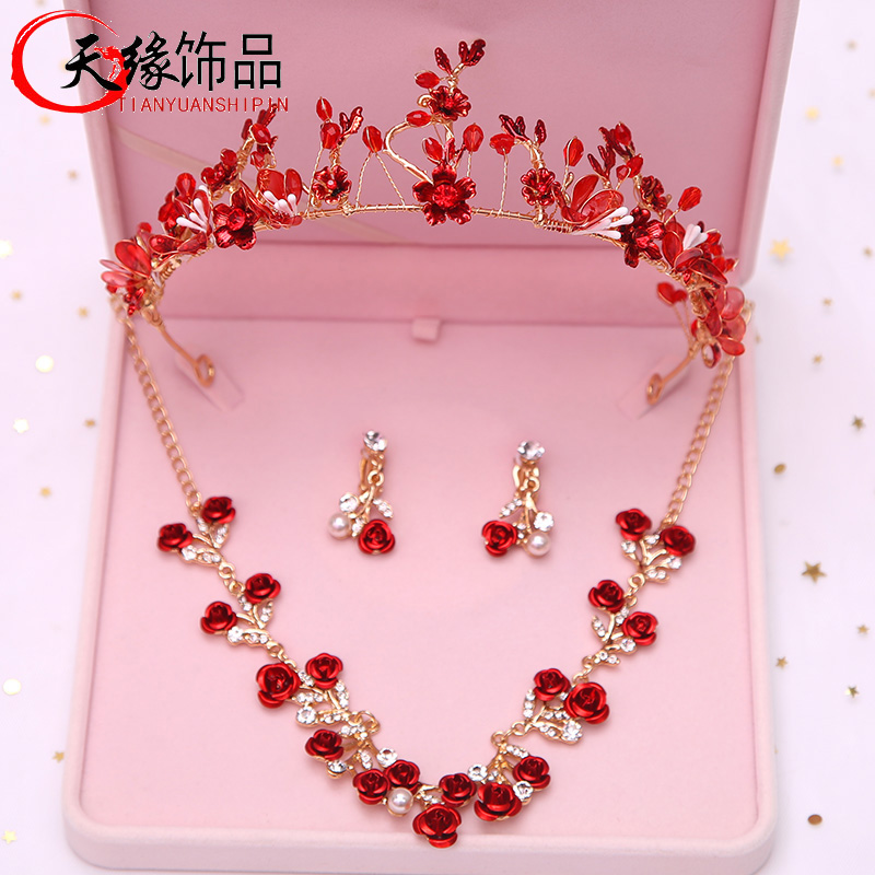 新娘头饰红色玫瑰花三件皇冠项链