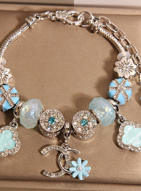 新中式蓝色琉璃珠手链女款轻奢小众高级感气质百搭四叶草吊坠手串