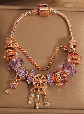 紫色水晶手镯女爱心锁捕梦网手链