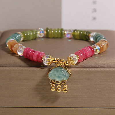 新中式彩色碧玺算盘珠手链女轻奢小众高级感蓝水祥云吊坠水晶手串