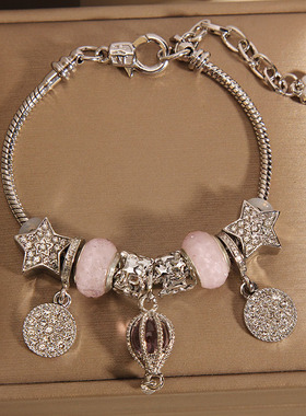 粉色琉璃珠手链女热气球吊坠手串