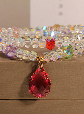 小清新白色双圈水晶水滴手链女夏