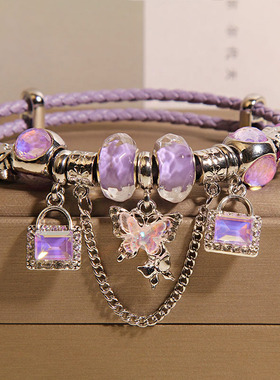 潘家紫色皮绳手链女轻奢小众精致气质甜美蝴蝶手串送女友闺蜜礼物