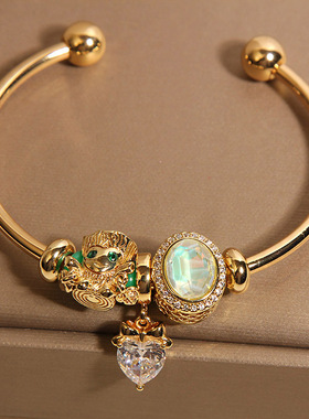 新中式潘家树人开口手镯女款轻奢小众精致高级感爱心锆石手串手环