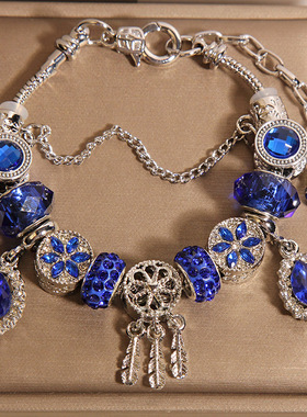 新中式蓝色水晶捕梦网手链女轻奢小众精致高级感水滴吊坠手串手环