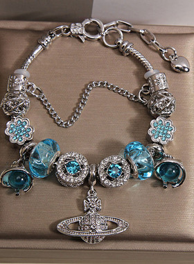 潘家风格蓝色琉璃珠手链女韩版ins小众轻奢复古星球吊坠手串手环