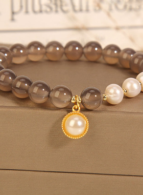 小清新灰色玛瑙水晶手链珍珠手串