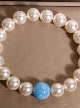 新中式大颗粒珍珠手链女轻奢小众高级感蓝色海纹石手串送闺蜜礼物