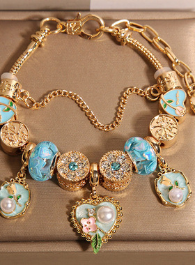 新中式蓝色琉璃珠手链女轻奢小众高级感气质百搭爱心花朵吊坠手串