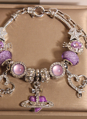 新中式紫色琉璃珠手链女轻奢小众高级感气质百搭爱心星星手串手环