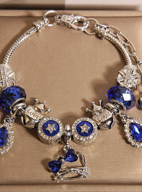 新中式海洋风蓝色潘家手链女轻奢小众高级感小猫水滴吊坠手串手环