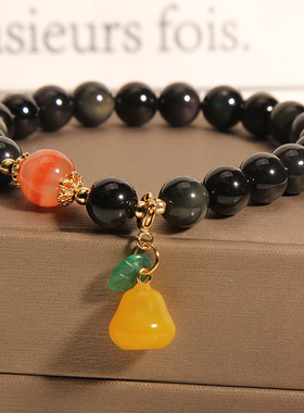 天然黑曜石水晶手链葫芦吊坠手串