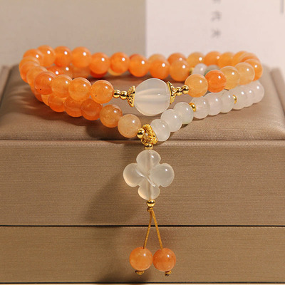 新中式红东林双圈水晶手链女轻奢小众白玛瑙算盘珠四叶草吊坠手串