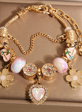 新中式粉色琉璃珠手链女轻奢小众高级感气质爱心花朵吊坠手串手环