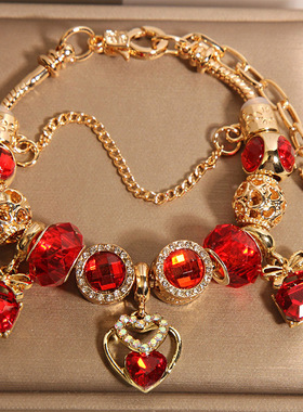 新中式红色琉璃珠潘家手链女轻奢小众精致高级感爱心吊坠手串手环