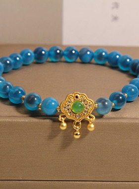 蓝糖心玛瑙手链女平安锁吊坠手串