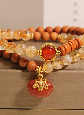 天然黄塔晶檀香双圈手链女轻奢小众高级感精致叠戴玛瑙相思豆手串