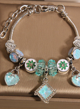 高级感小清新手链女韩版ins小众轻奢森系蓝色爱心锁吊坠手串手环