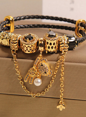 新中式黑色水晶转运珠手链女轻奢小众高级感气质百搭小熊吊坠手串