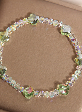 网红小清新白色水晶手链女夏轻奢小众精致百搭绿色四叶草水晶手串